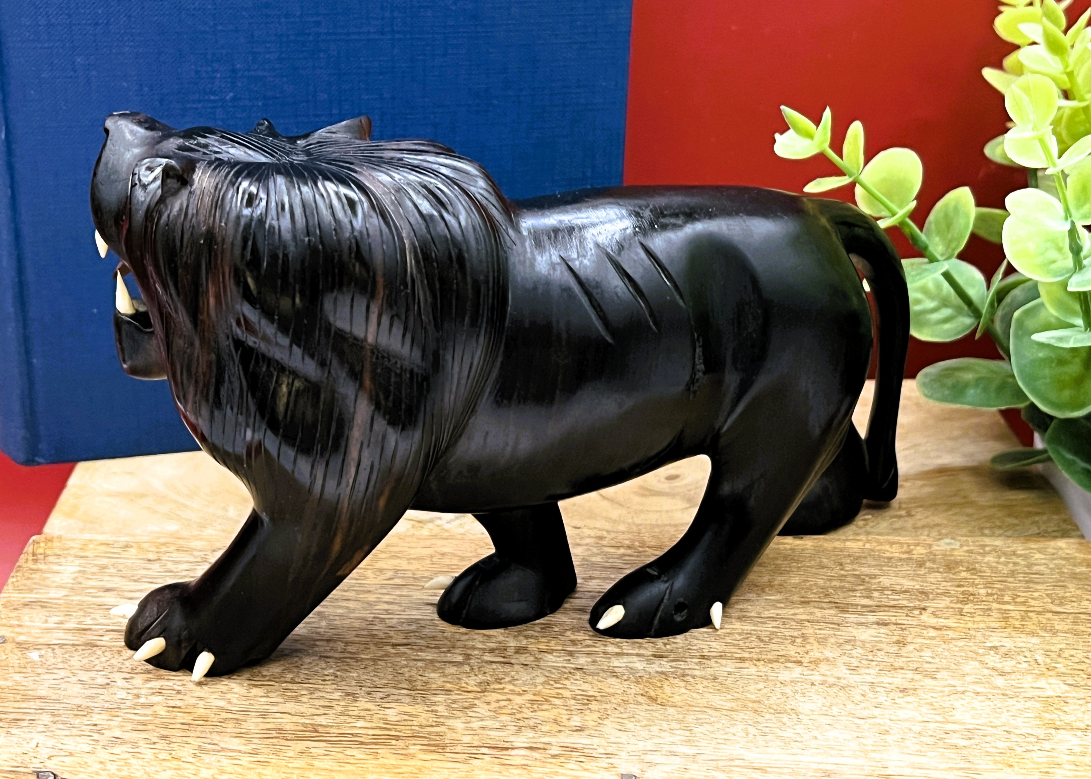 Vintage Hand-Carved African Ebony Wood Lion | Mid-Century Animal Figurine