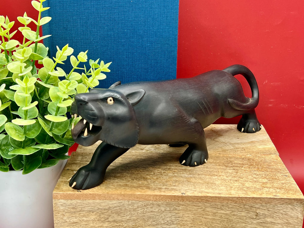 Vintage Hand Carved Ebony Wood Panther Sculpture with Bone Inlay