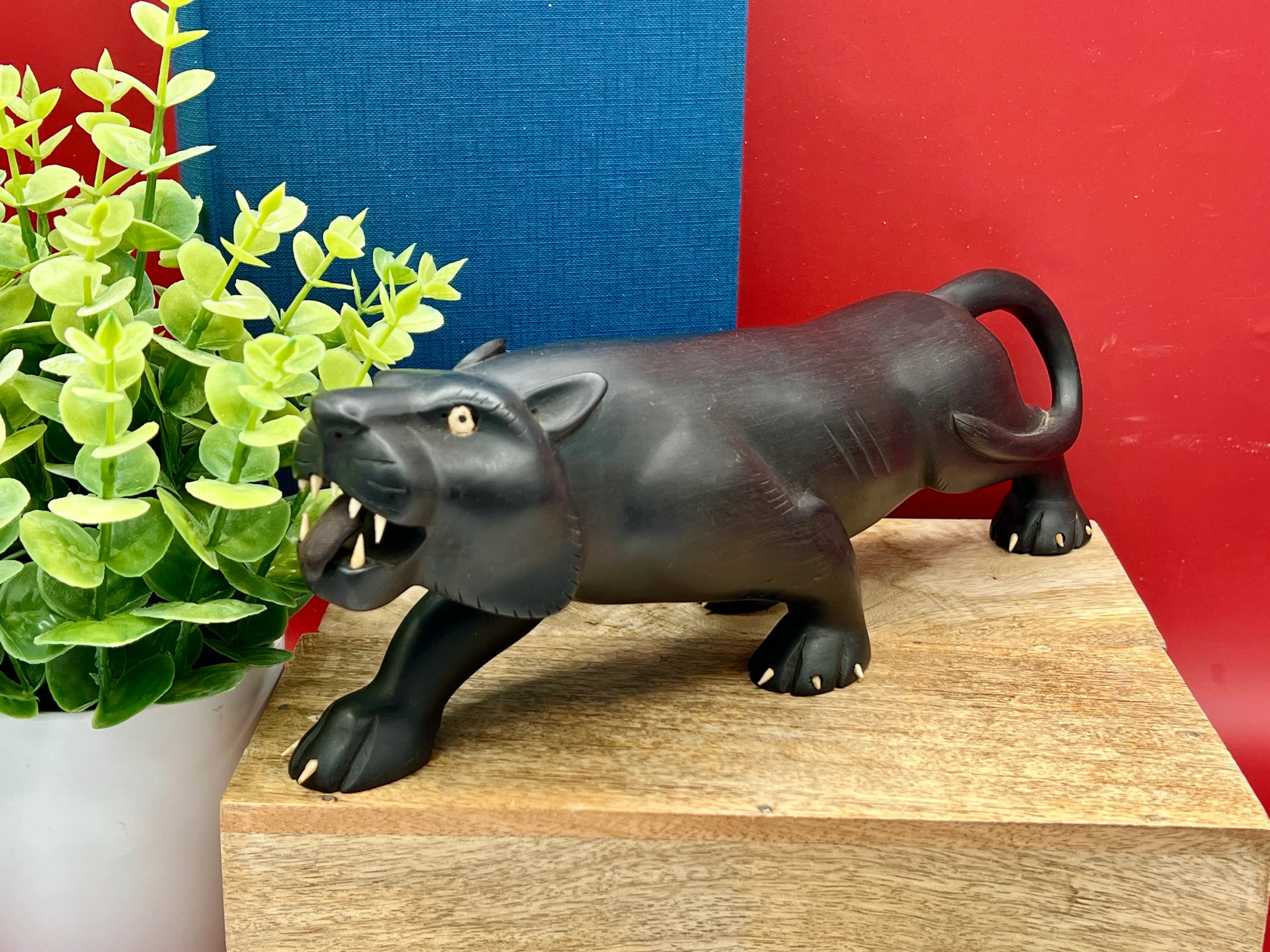 Vintage Hand Carved Ebony Wood Panther Sculpture with Bone Inlay