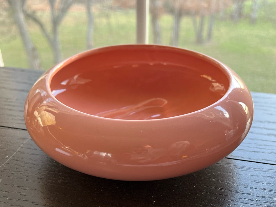 Vintage Haeger pink tri-footed planter bowl, H8443, low rounded satin pink mid-century modern.