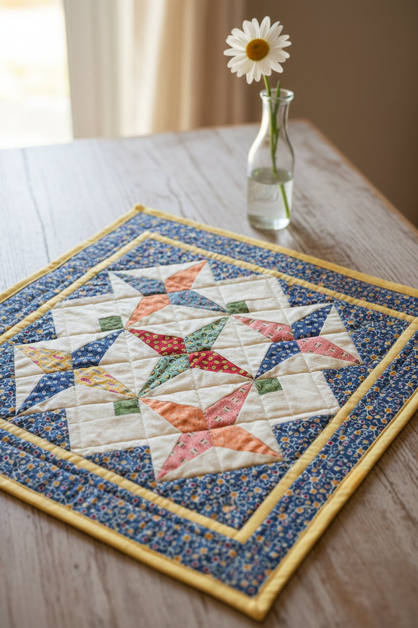 Vintage Hand Quilted Star Table Centerpiece Topper Cotton Calico 16x16