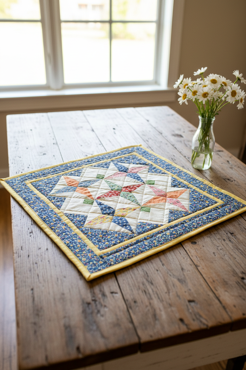 Vintage Hand Quilted Star Table Centerpiece Topper Cotton Calico 16x16
