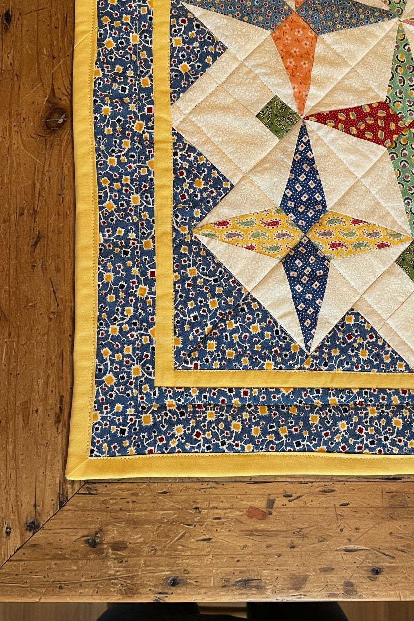 Vintage Hand Quilted Star Table Centerpiece Topper Cotton Calico 16x16