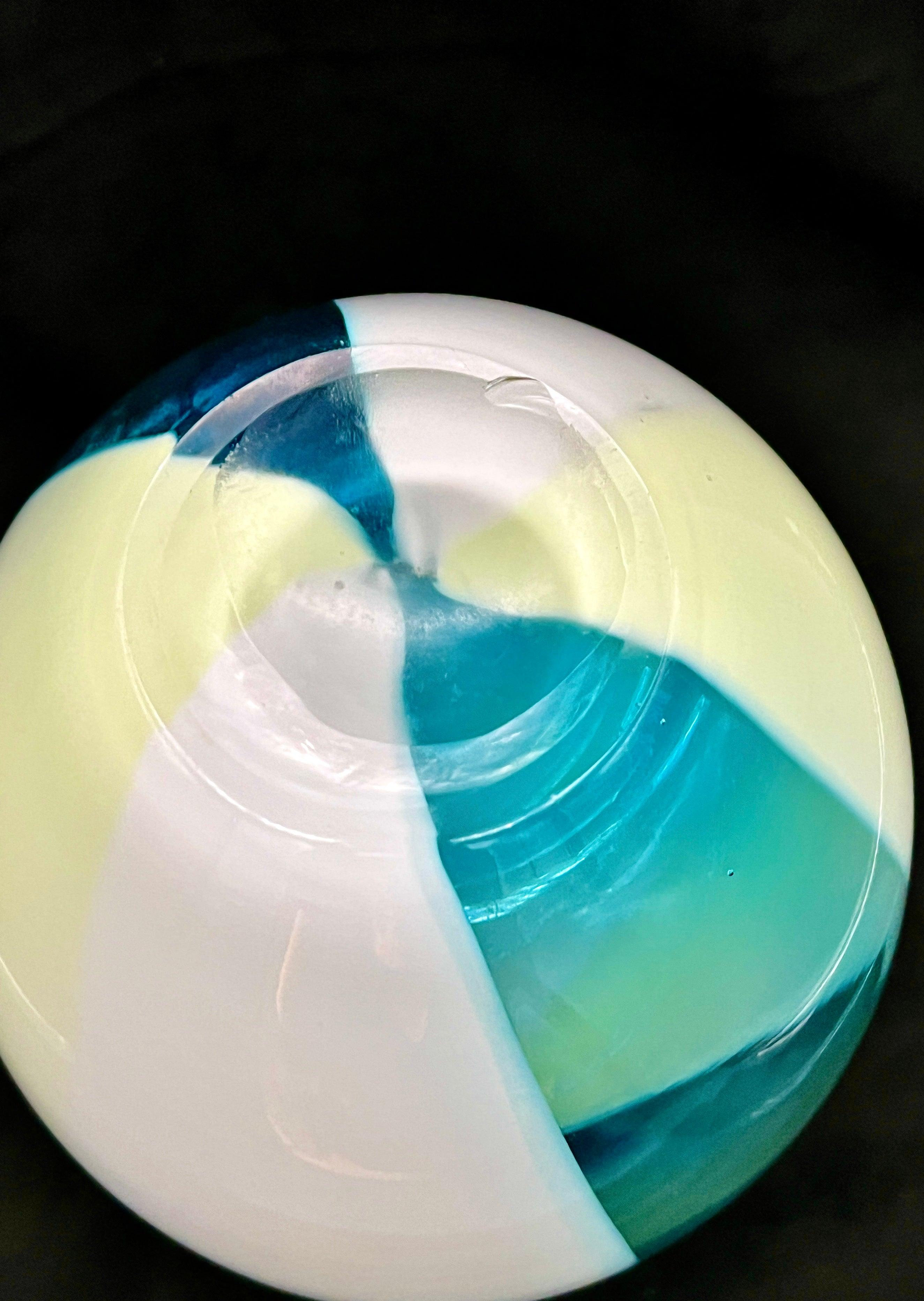 Large Murano art glass vase attributed to Cenedese, three-panel cased white, uranium glass, and aqua blue, 11.5 inches.