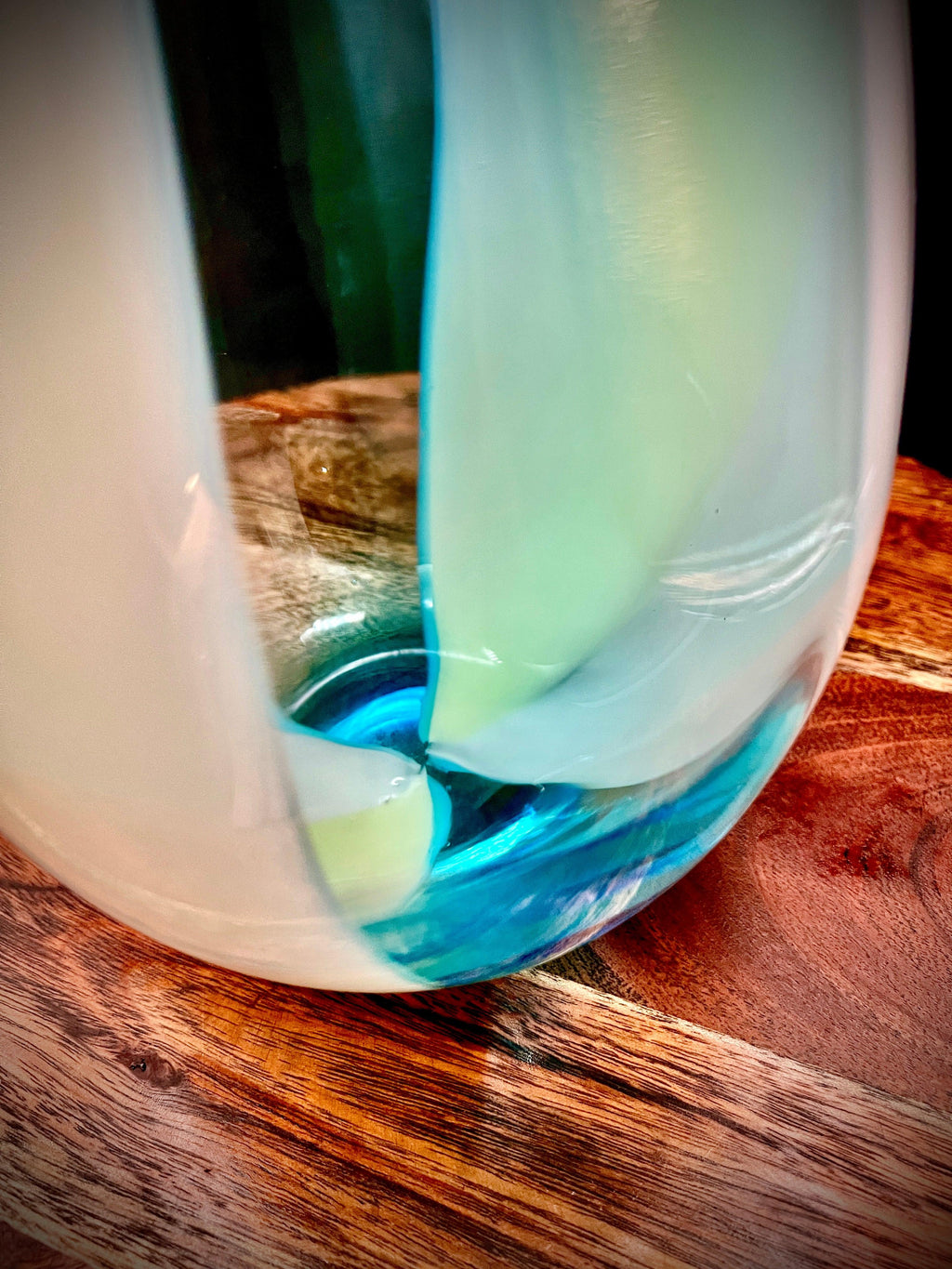 Large Murano art glass vase, three-panel form, opaque white with pale uranium-tinted glass and aqua blue.