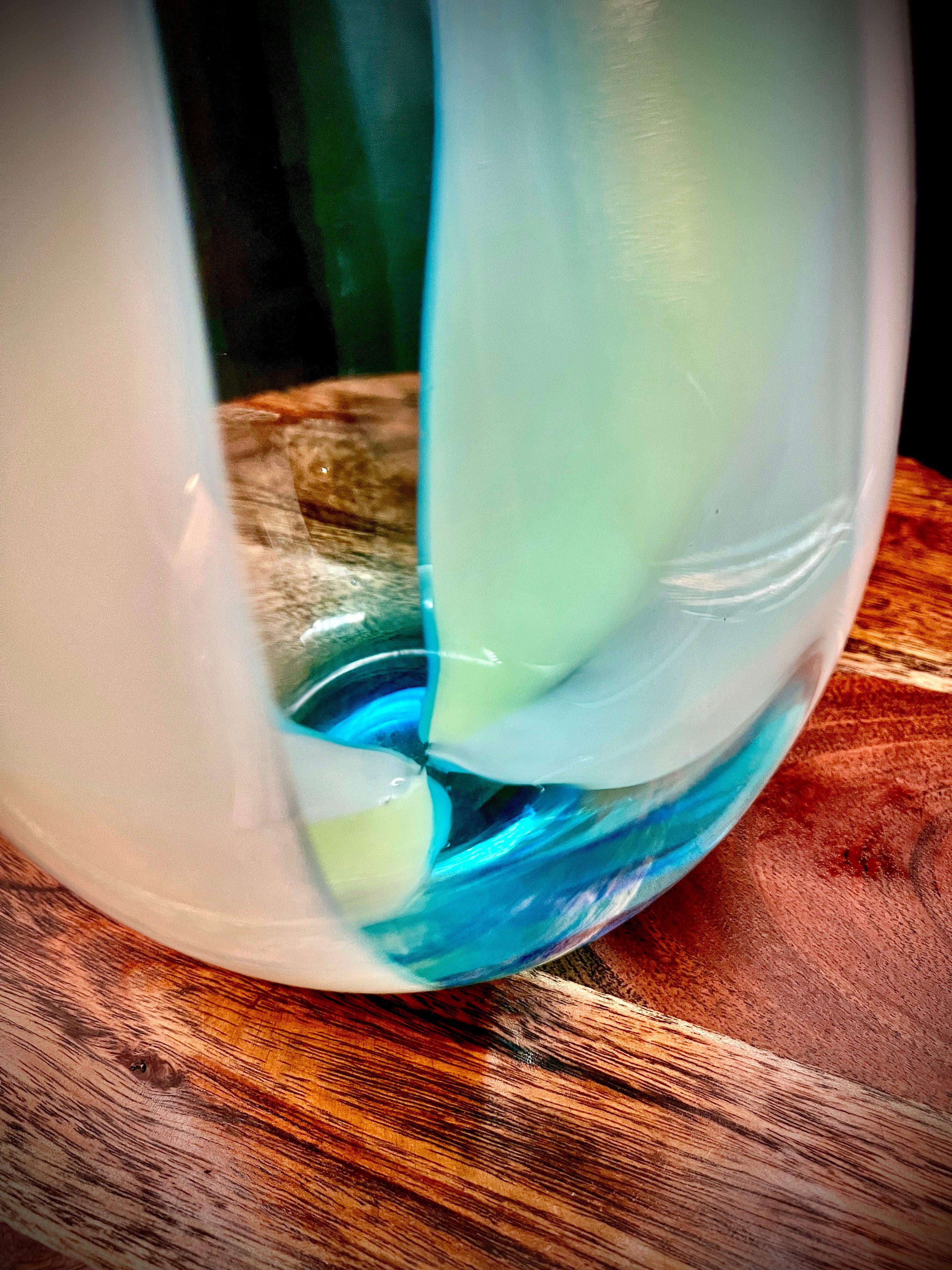 Large Murano art glass vase, three-panel form, opaque white with pale uranium-tinted glass and aqua blue.