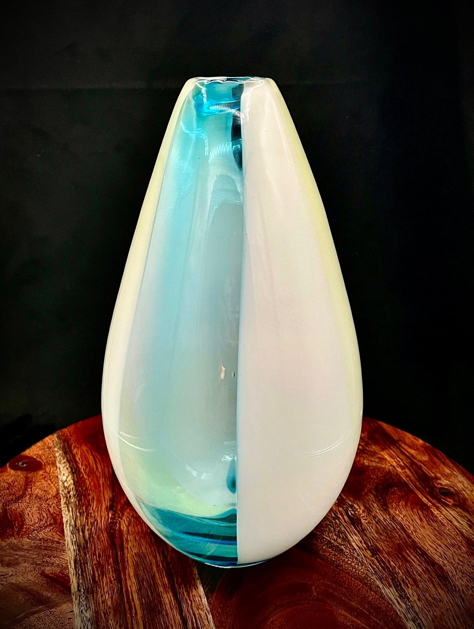 Murano art glass vase with three-panel white and aqua-blue uranium-tinted glass, attributed to Cenedese, 11.5 inches