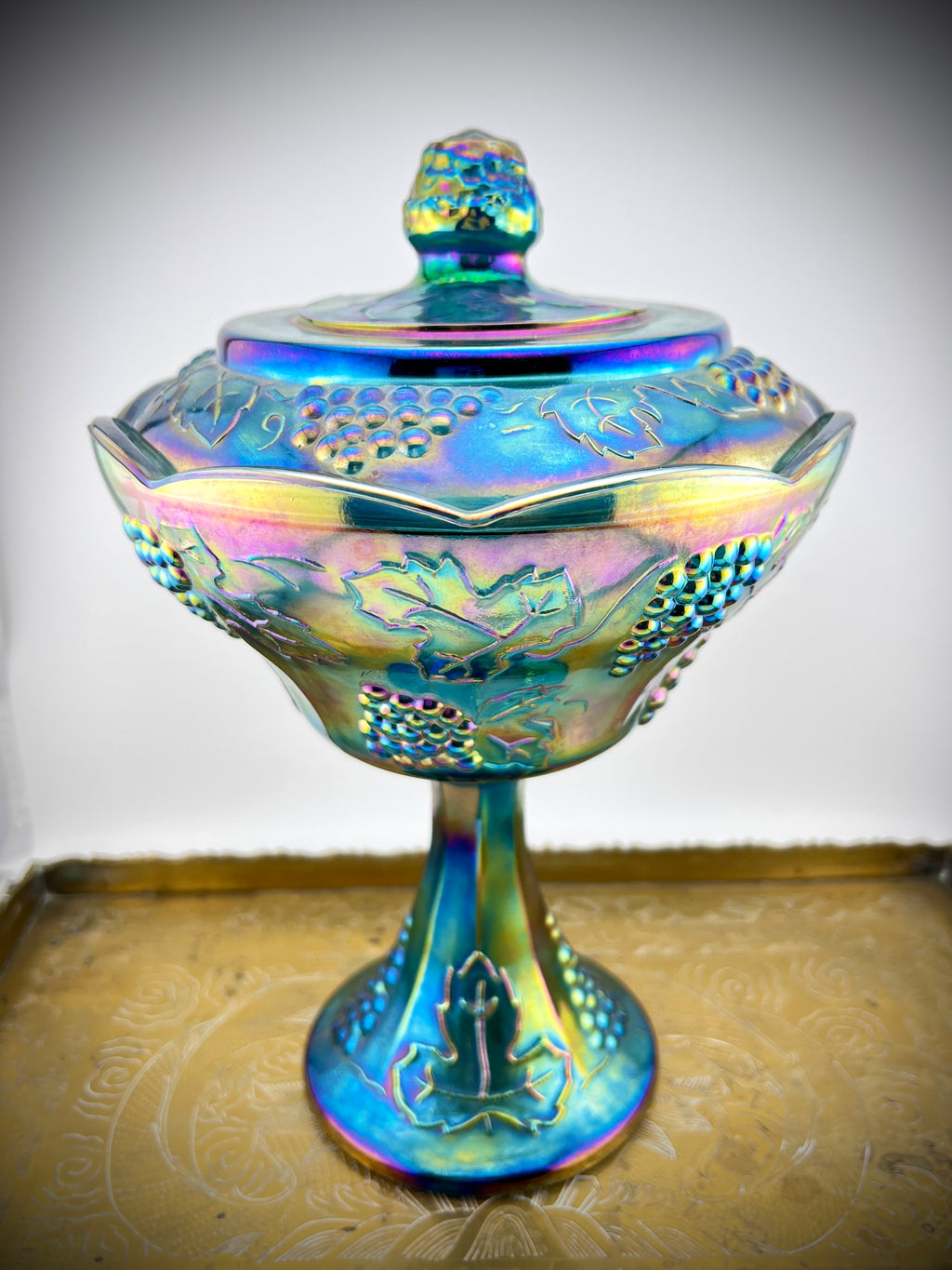 Vintage Indiana Glass Harvest Grape Blue Carnival Glass Lidded Candy Dish