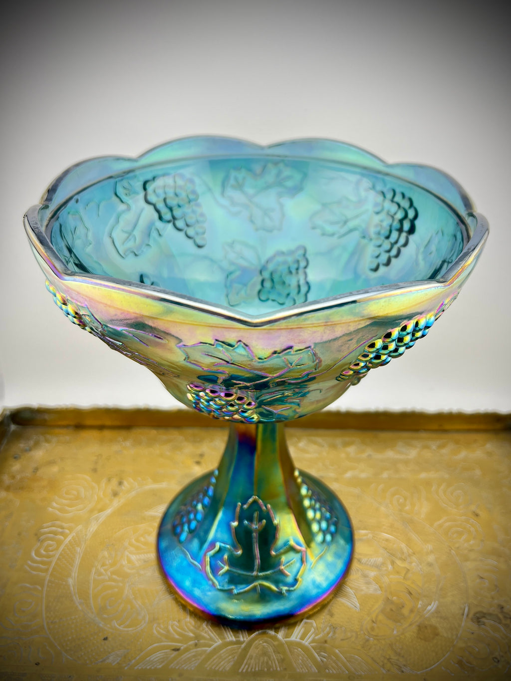 Vintage Indiana Glass Harvest Grape Blue Carnival Glass Lidded Candy Dish