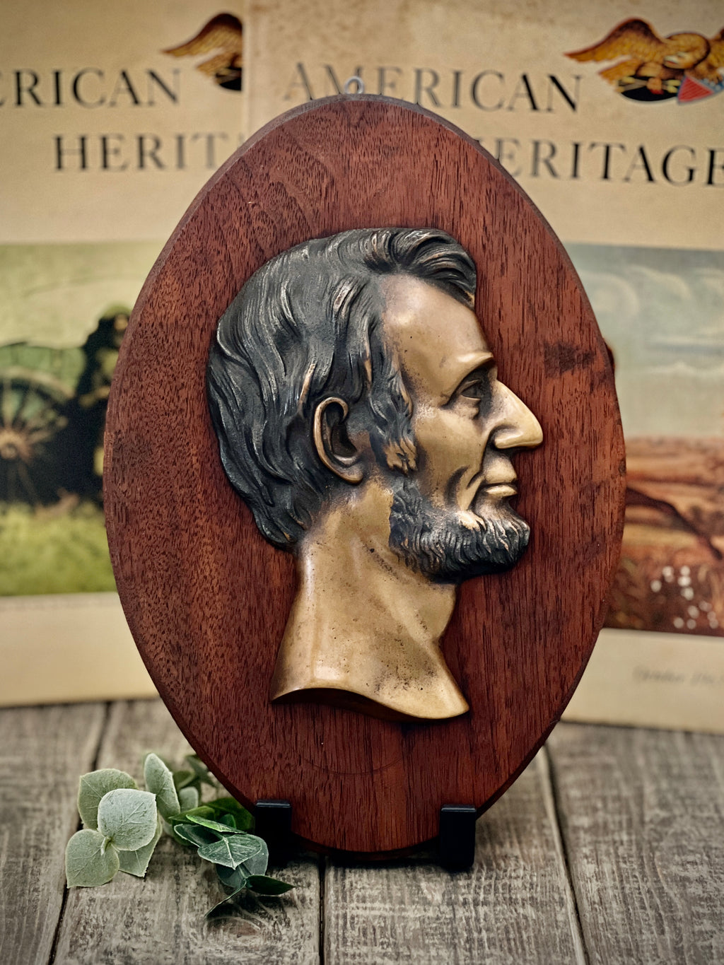 Bronze Abraham Lincoln Profile on Wood Mount - Vintage Americana