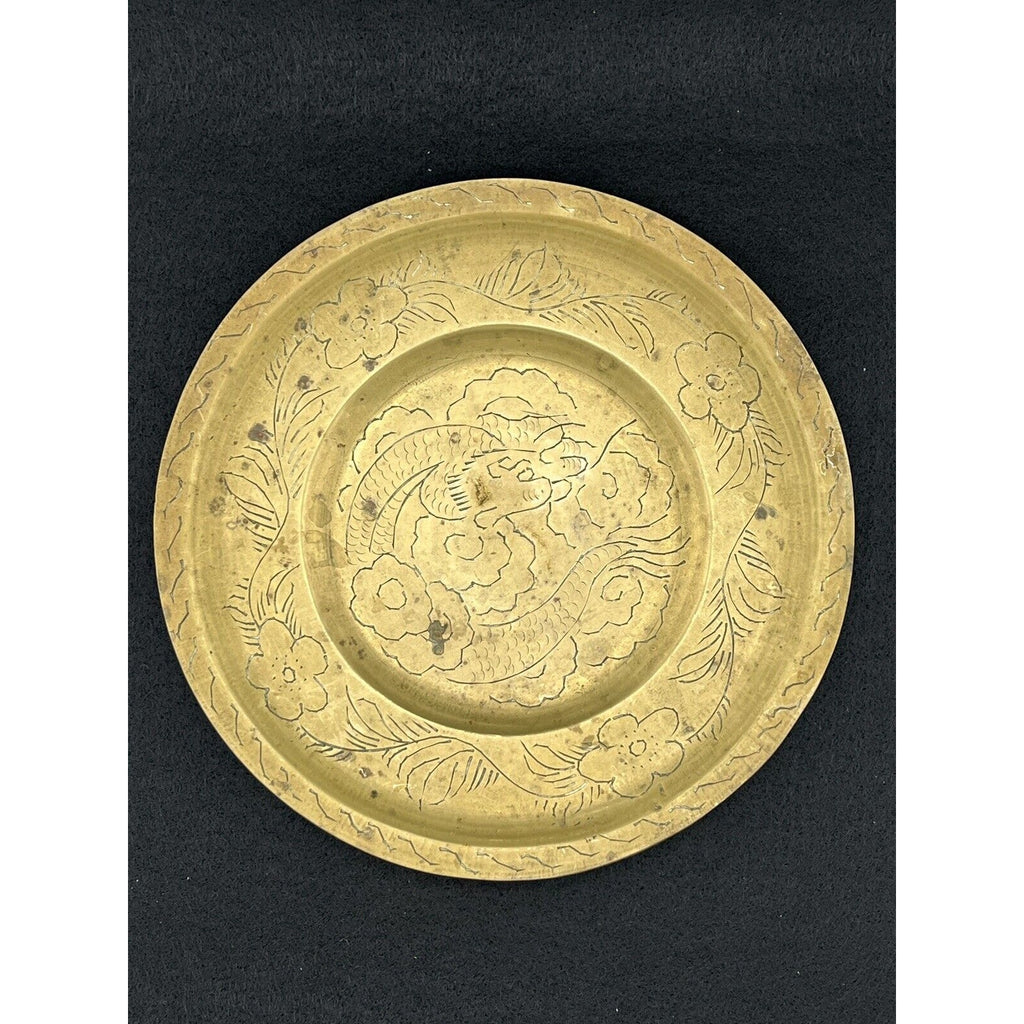 Antique Chinese Hand-Engraved Brass Dragon Plate - 8" Diameter