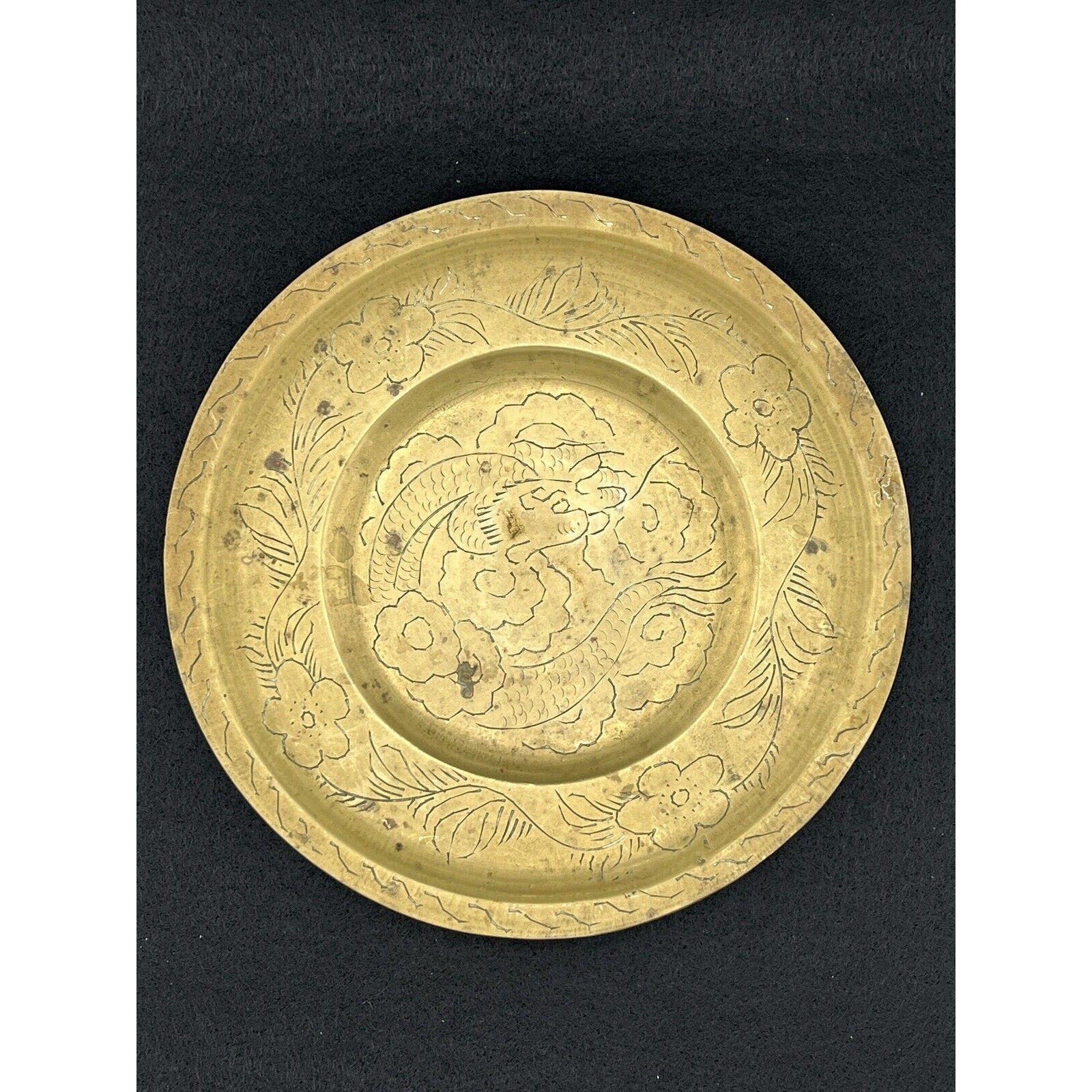 Antique Chinese Hand-Engraved Brass Dragon Plate - 8" Diameter