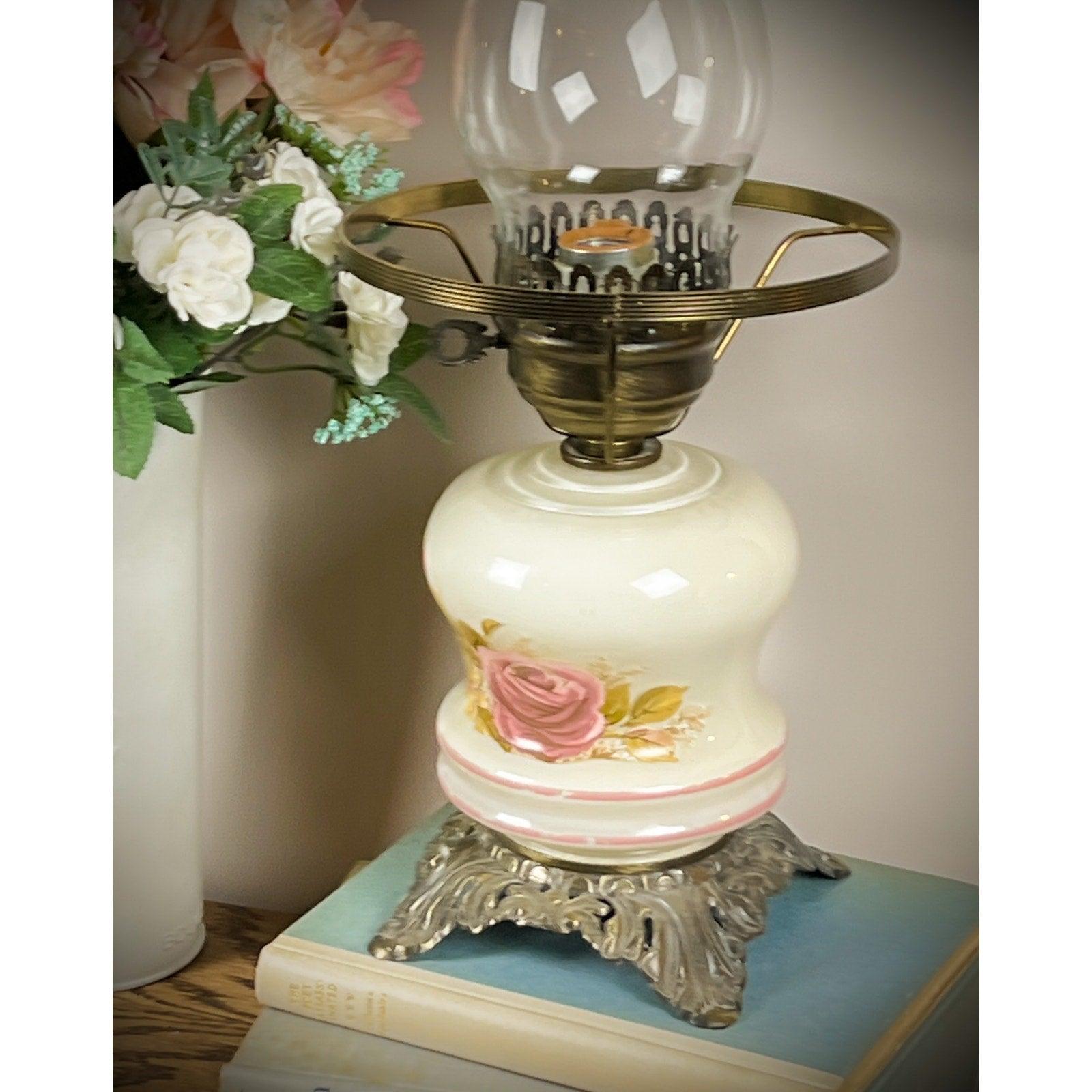 Vintage Hurricane Lamp with Floral Design and Ornate Metal Base - Antique Style Oil Lamp - That’s My JAmm