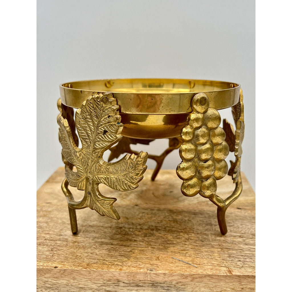 Vintage Ambrosia Brass Grape Motif Centerpiece Candle Holder Bowl
