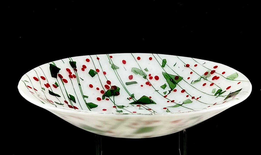 Abstract Holly Berries Fused Glass Bowl