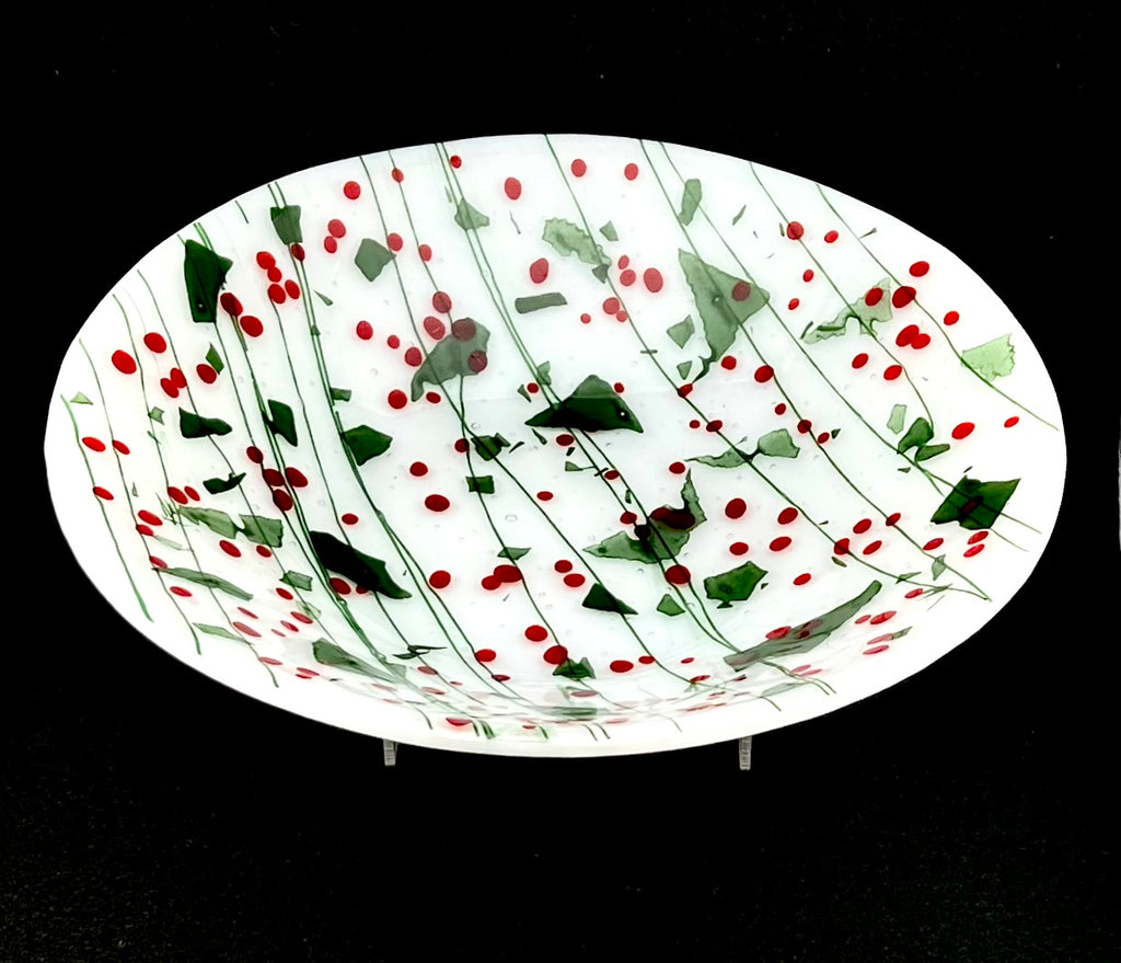 Abstract Holly Berries Fused Glass Bowl