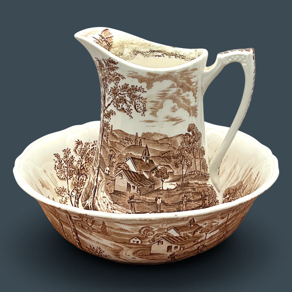 An antique Alfred Meakin brown transferware ceramic pitcher decorated with a detailed countryside landscape and leafy handle motif. - Photo 2
