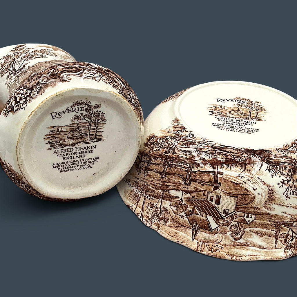 An antique Alfred Meakin brown transferware ceramic pitcher decorated with a detailed countryside landscape and leafy handle motif. - Photo 8