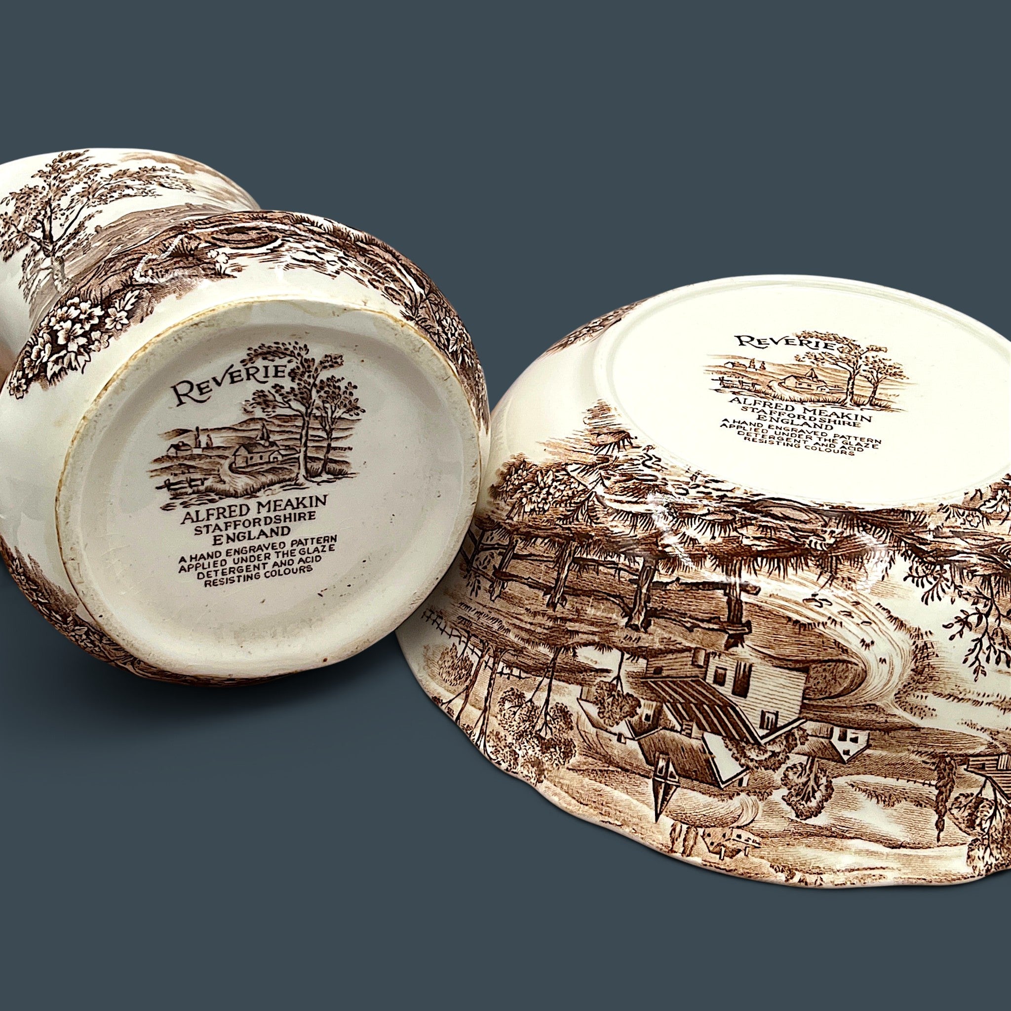 An antique Alfred Meakin brown transferware ceramic pitcher decorated with a detailed countryside landscape and leafy handle motif. - Photo 8