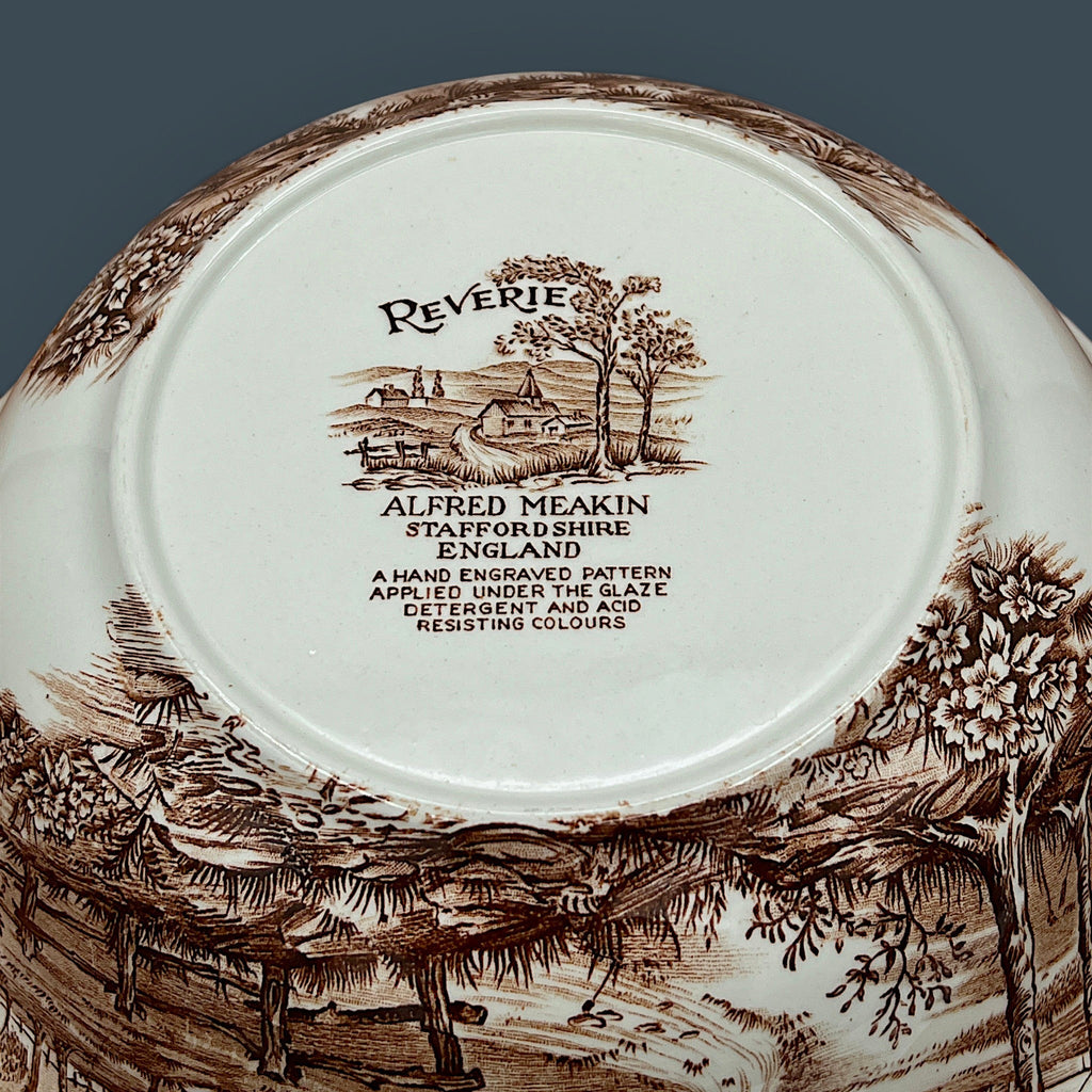 An antique Alfred Meakin brown transferware ceramic pitcher decorated with a detailed countryside landscape and leafy handle motif. - Photo 10