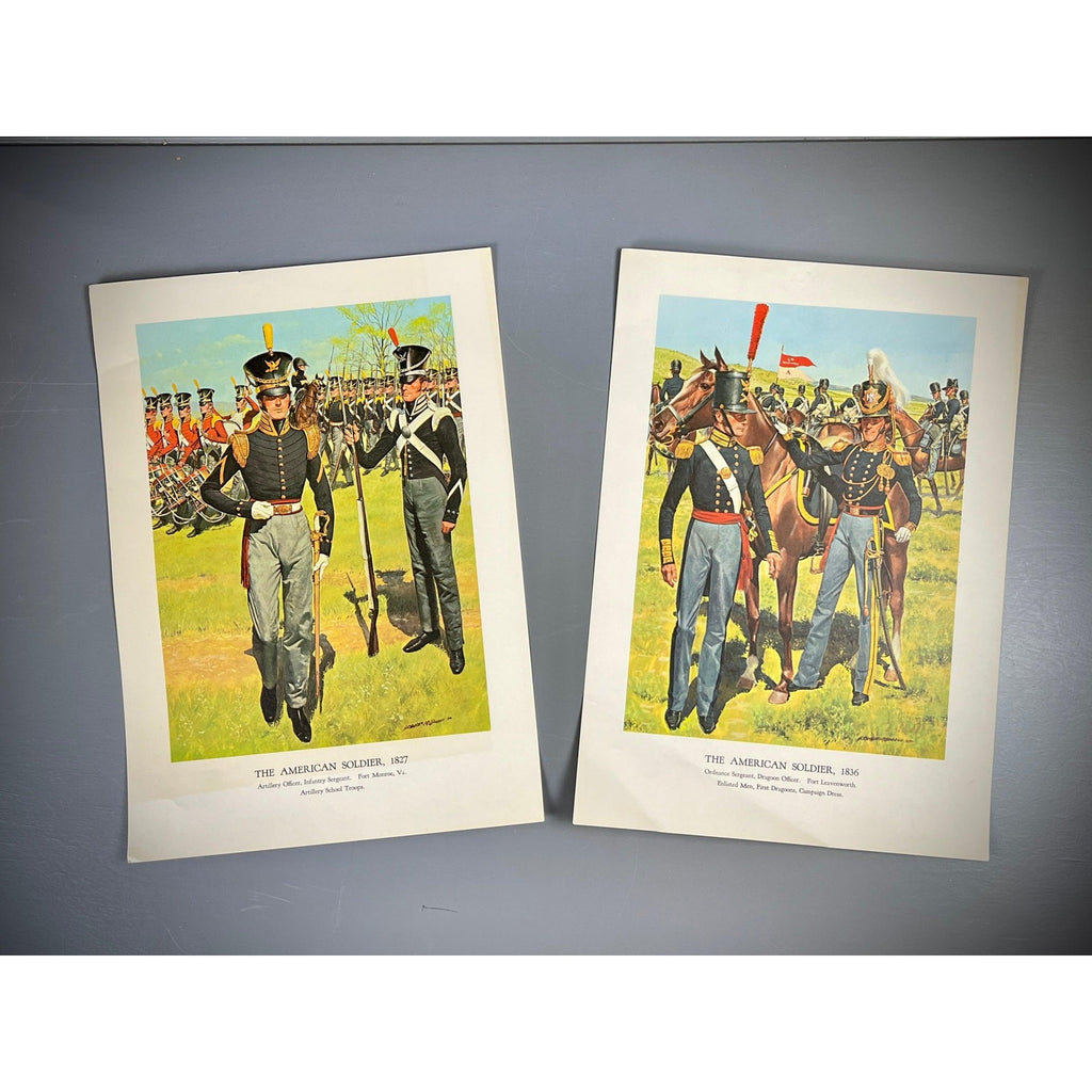 Two vintage American soldier lithographs by Hugh C. McBarron Jr. depicting 1827 and 1836 uniforms.