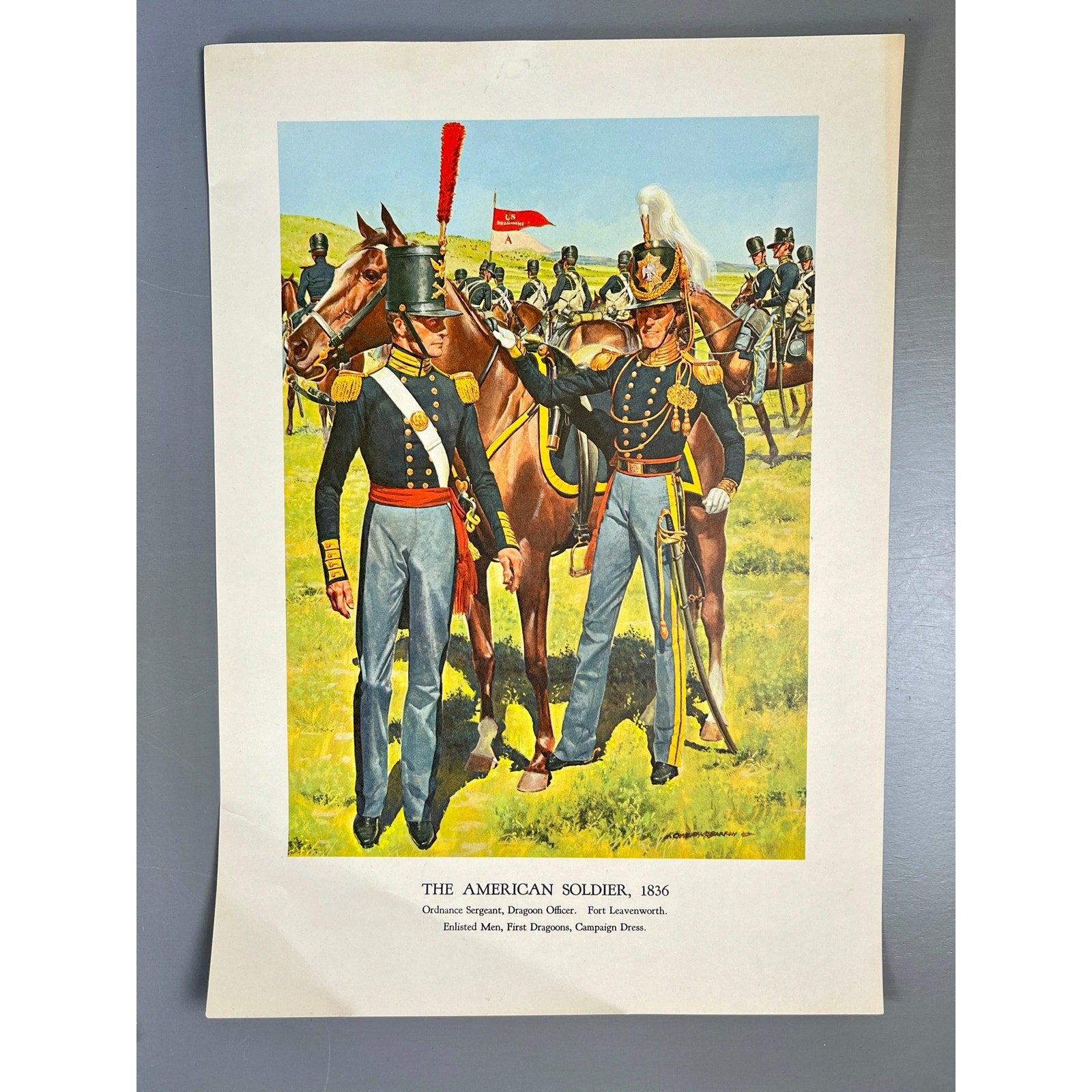 The American Soldier, 1836 lithograph by Hugh C. McBarron Jr., Dragoon officers and enlisted men with horses.