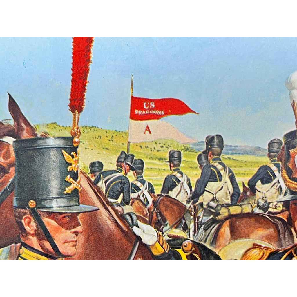 US Dragoons on horseback with a red banner, 1827–1836 American military lithograph by Hugh Charles McBarron Jr.