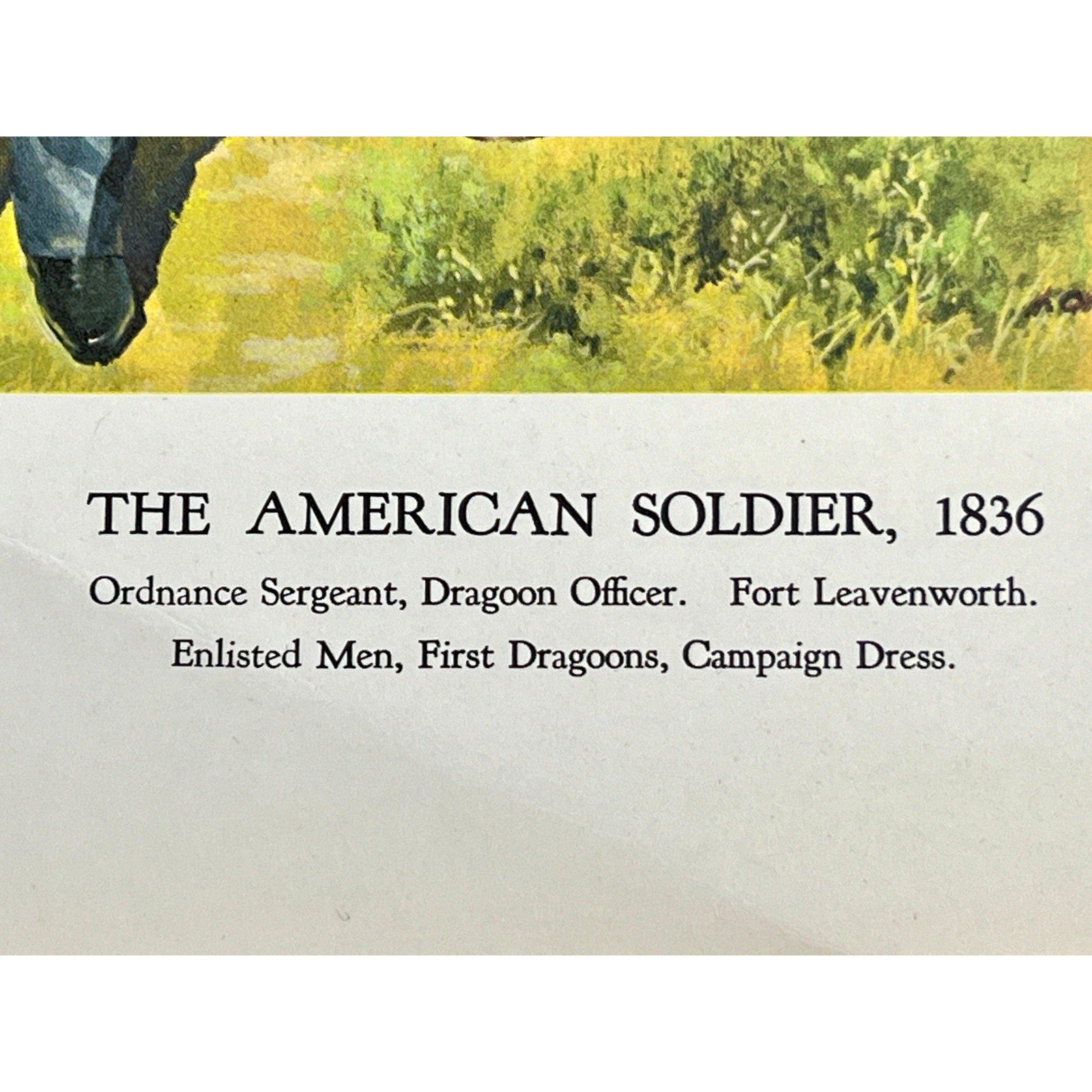 American Soldier, 1836 lithograph: Ordnance Sergeant, Dragoon Officer, Fort Leavenworth, Enlisted Men, First Dragoons.