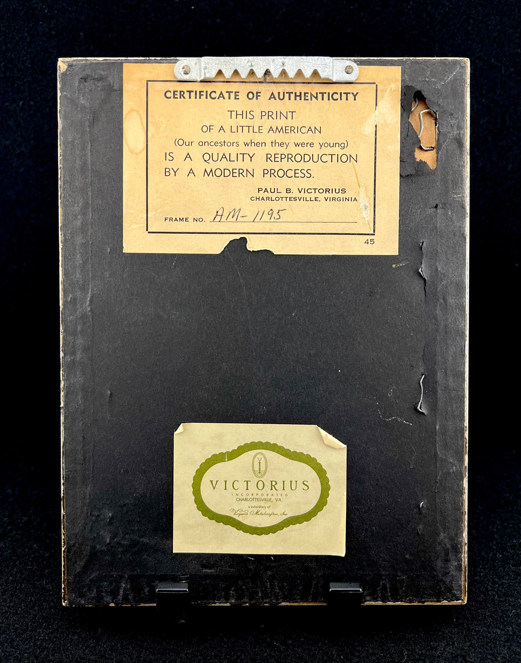 Back of Angelica Little American 3.5x5.5 vintage print with Certificate of Authenticity and a green oval label.