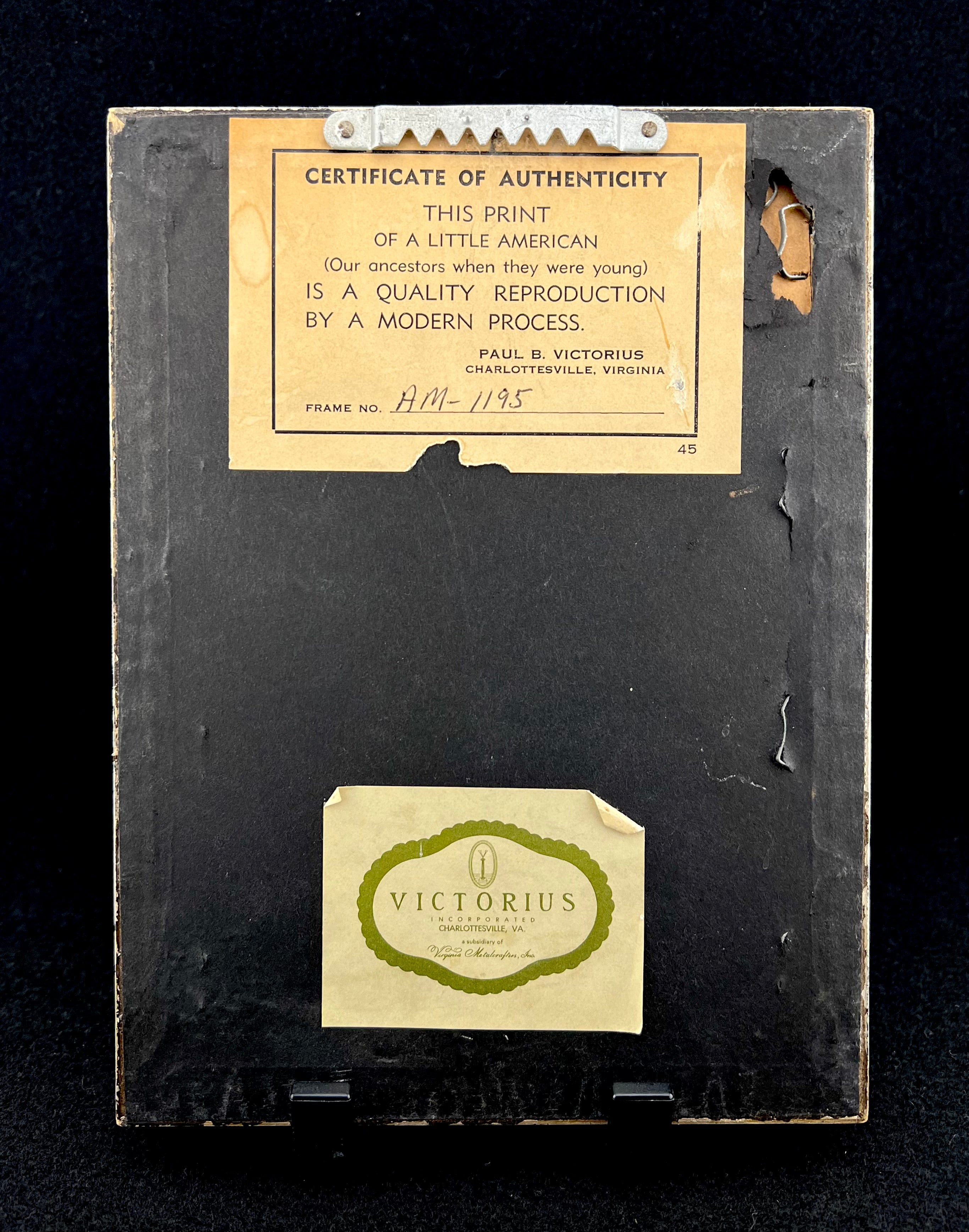 Back of Angelica Little American 3.5x5.5 vintage print with Certificate of Authenticity and a green oval label.