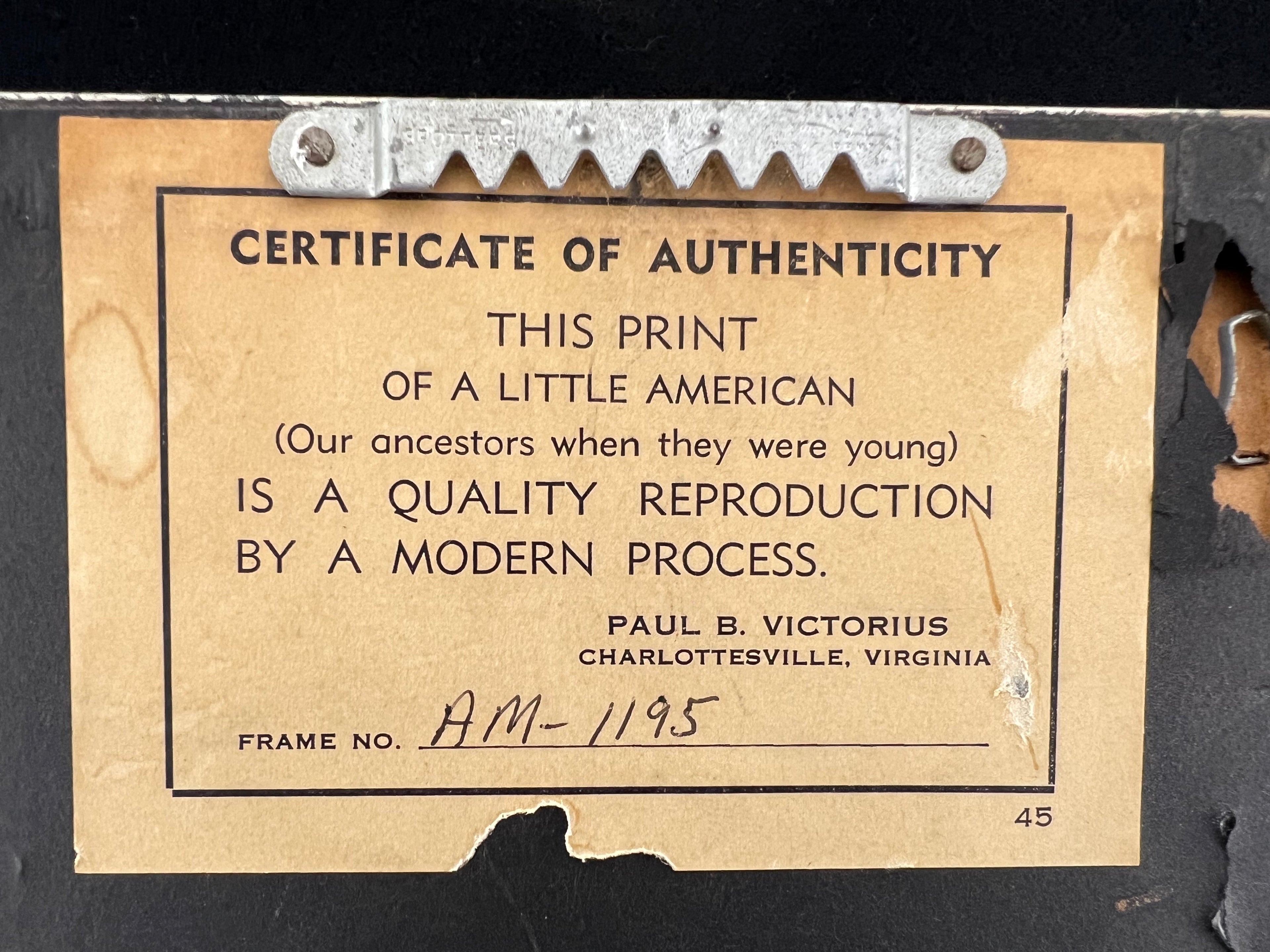 Angelica Little American vintage print (3.5x5.5) with Certificate of Authenticity, frame AM-1195, Charlottesville, VA.