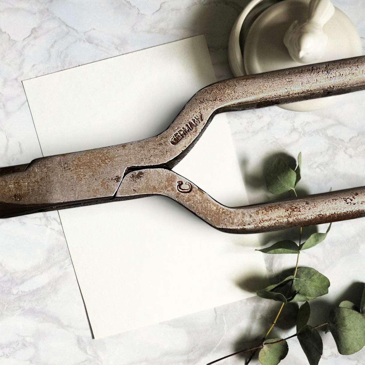 Two antique forged steel Marcel curling iron tongs with tapered points resting diagonally on white paper beside a dried eucalyptus branch. - Photo 5