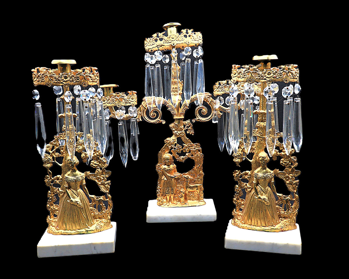 Antique 19th Century Gilt Brass Figural Girandole Set