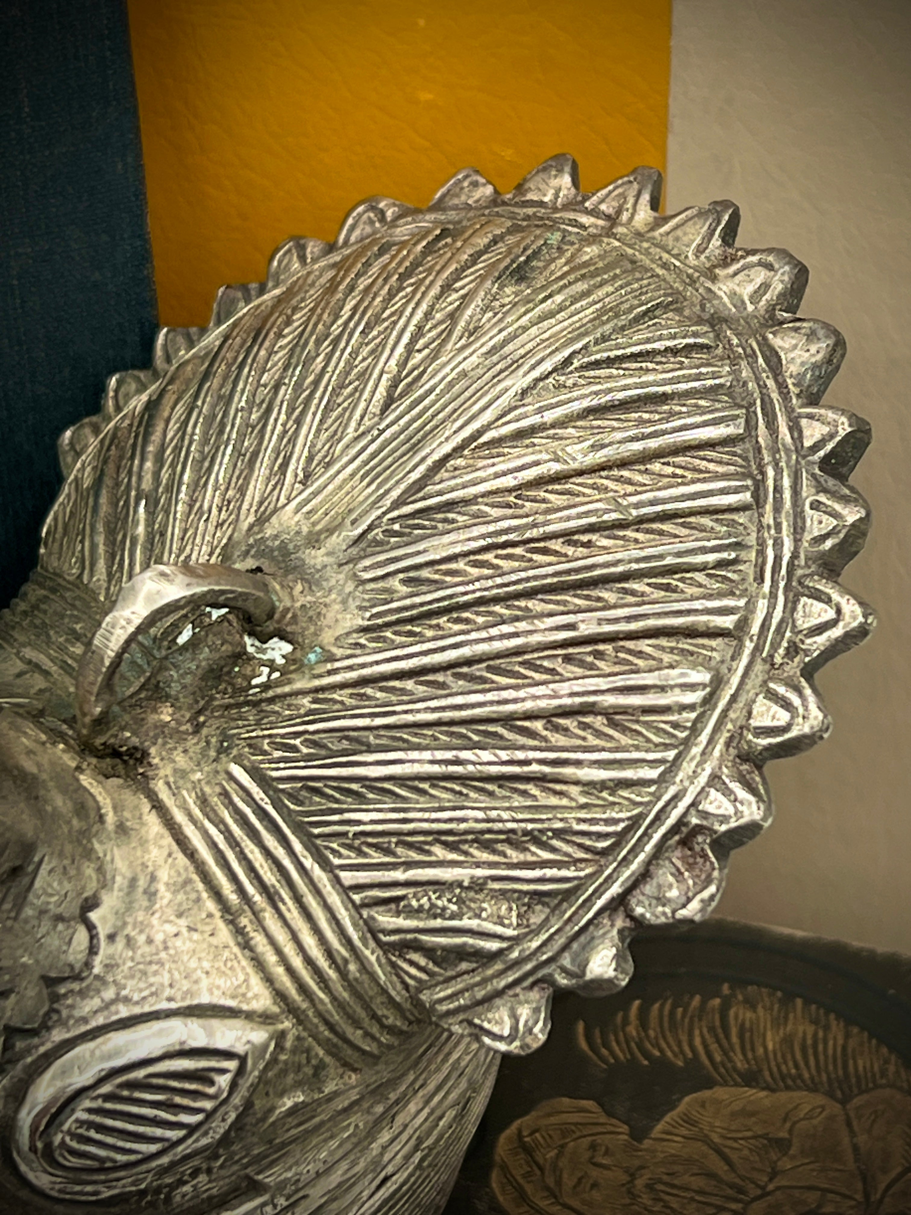 Antique silver-toned, horn-shaped metal vessel shown from a top-down angle with its hinged lid open, revealing a heavily patinated interior with hints of verdigris oxidation. - Photo 3
