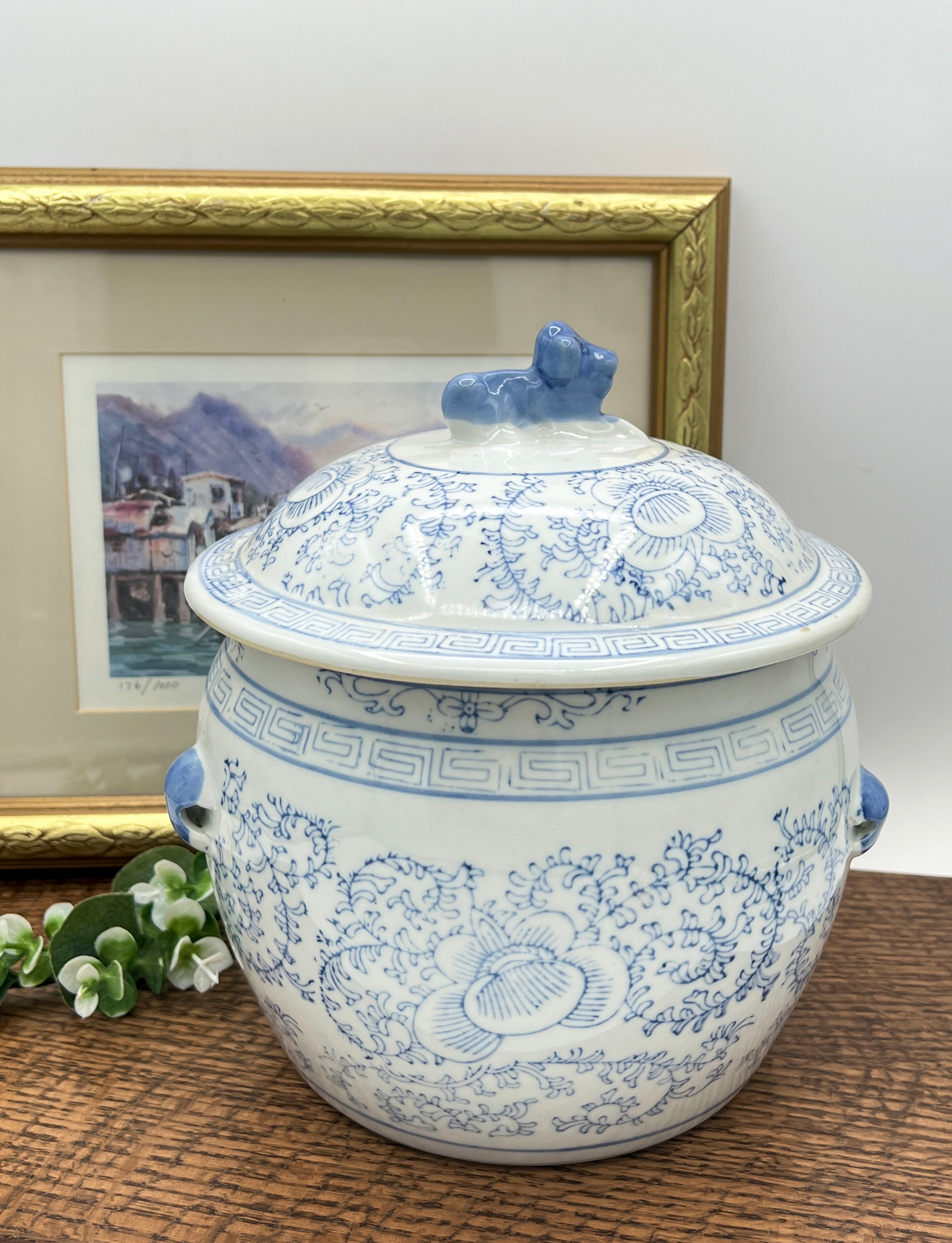 Antique Chinese Blue and White Chinoiserie Ginger Jar with Foo Dog Lid