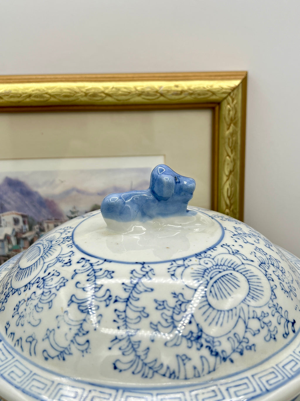 Antique Chinese Blue and White Chinoiserie Ginger Jar with Foo Dog Lid