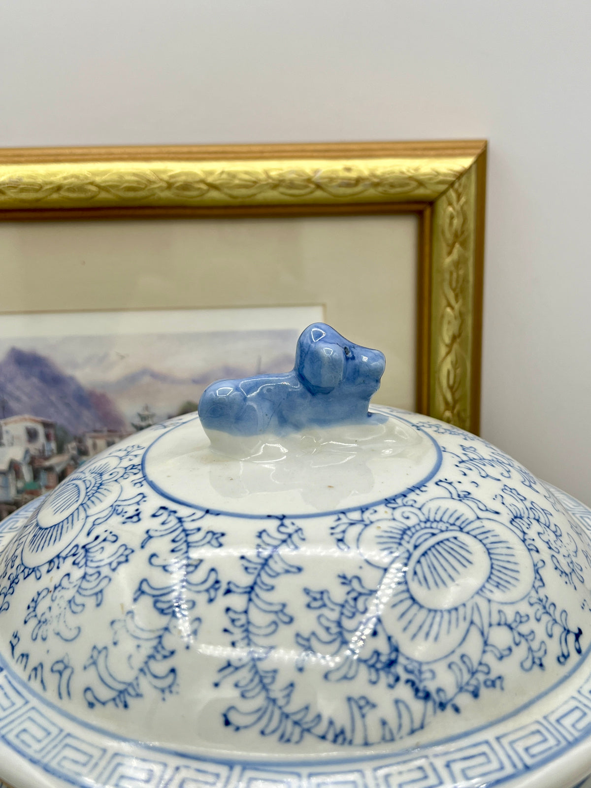 Antique Chinese Blue and White Chinoiserie Ginger Jar with Foo Dog Lid