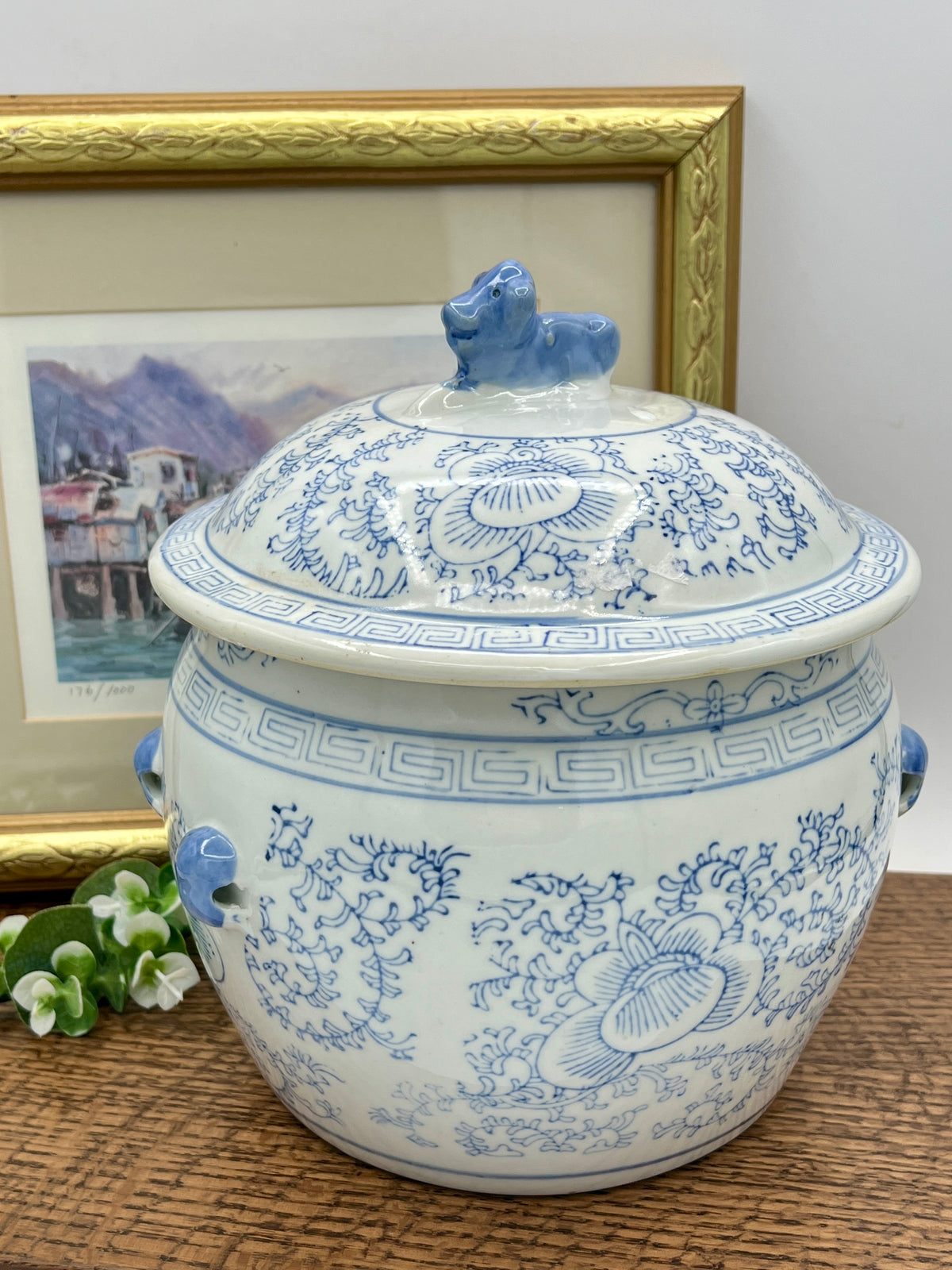 Antique Chinese Blue and White Chinoiserie Ginger Jar with Foo Dog Lid