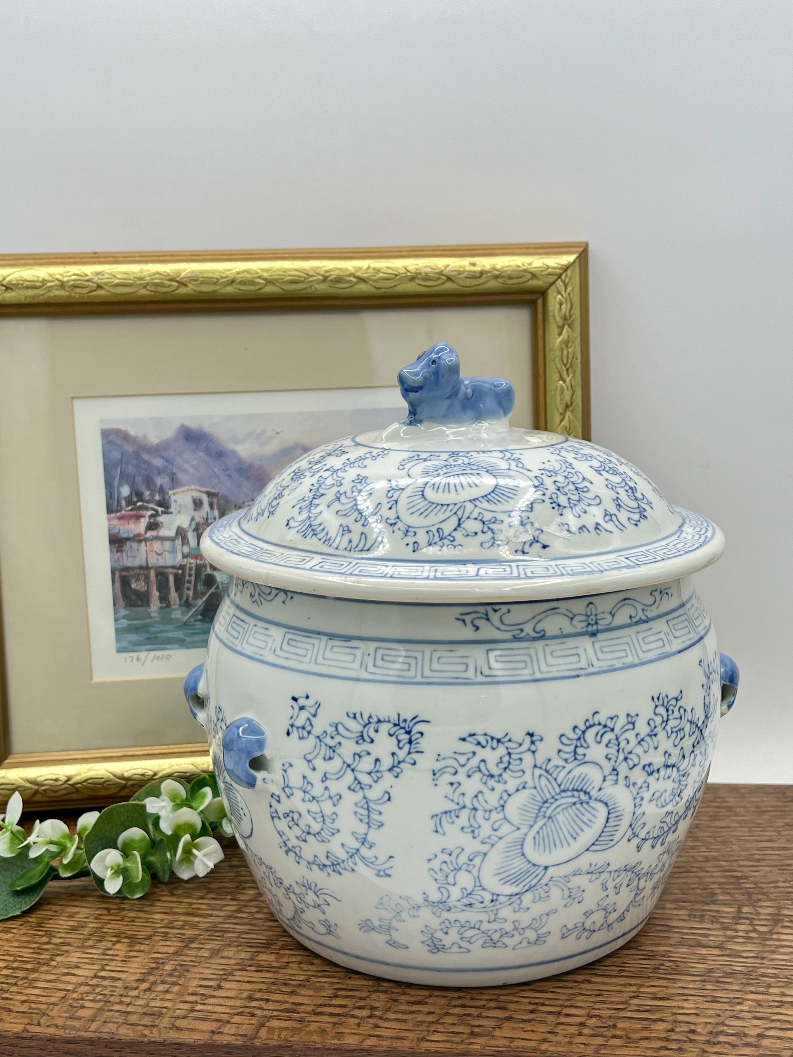 Antique Chinese Blue and White Chinoiserie Ginger Jar with Foo Dog Lid