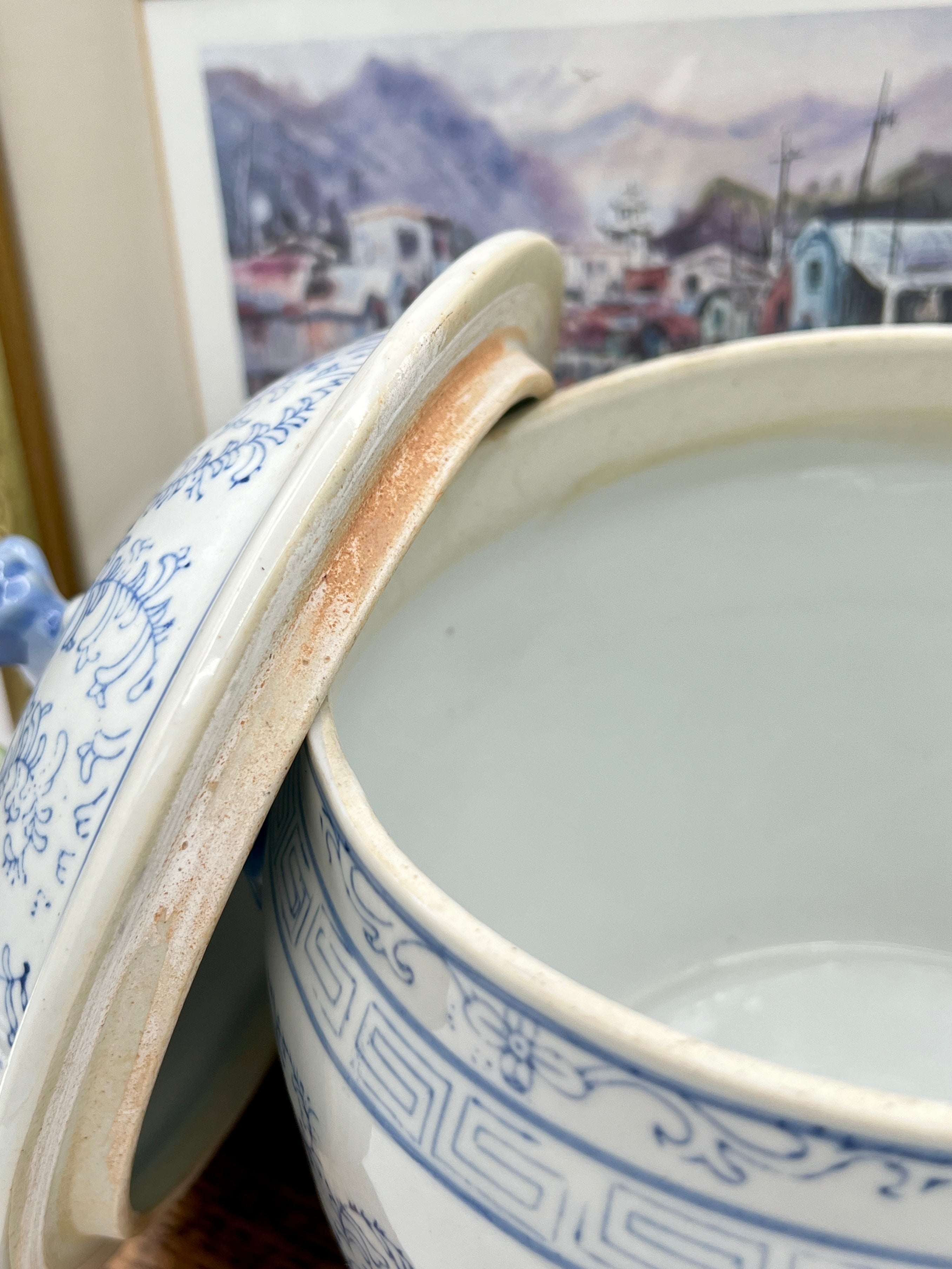 Antique Chinese Blue and White Chinoiserie Ginger Jar with Foo Dog Lid