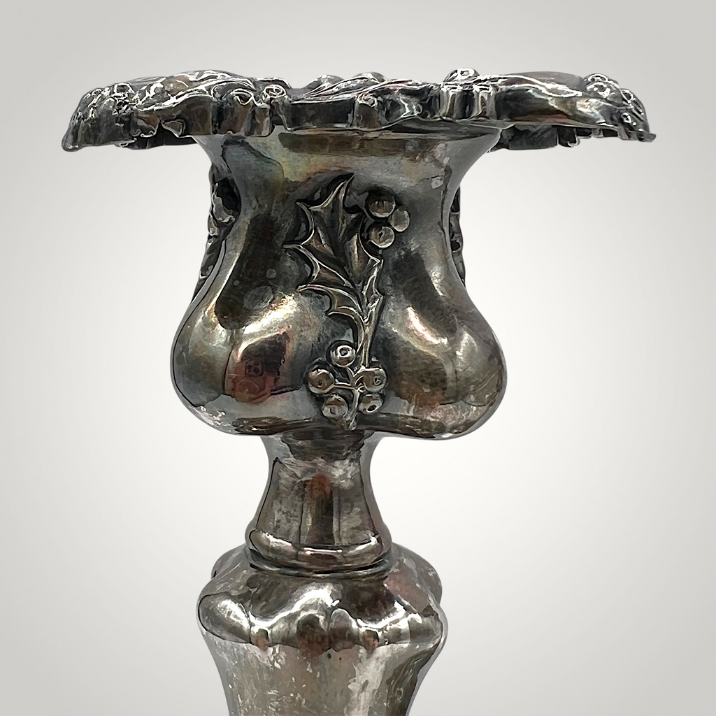Pair of antique Victorian quadruple silverplate candlesticks with embossed holly leaf and berry relief borders on square contoured bases and fluted stems. - Photo 4