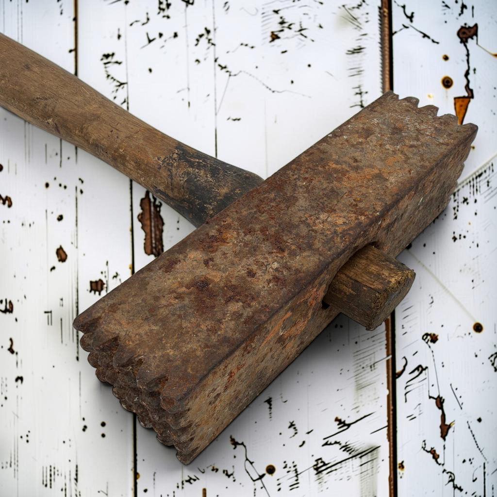 Antique stonemason bush hammer with a rectangular rusted iron head featuring toothed pyramidal striking faces mounted on a weathered straight wooden handle against a white painted wooden board background. - Photo 1