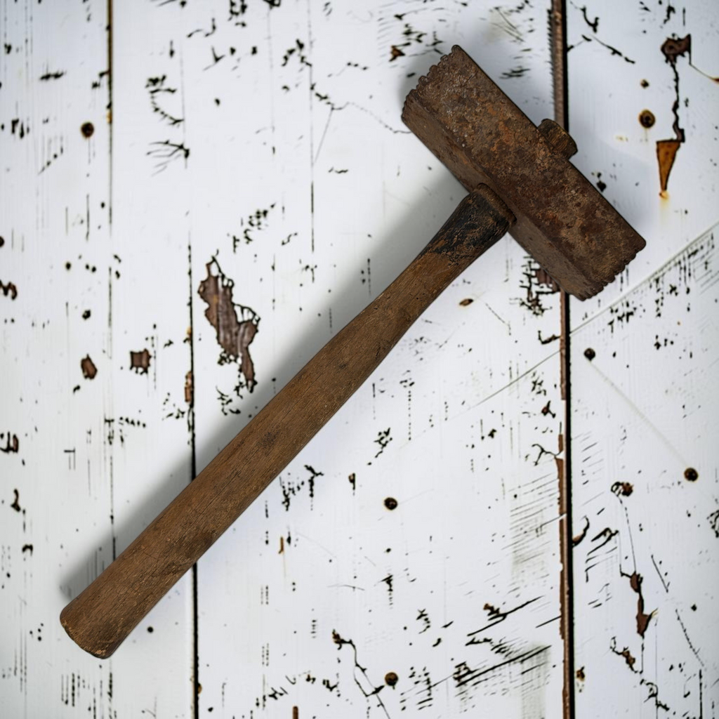 Antique stonemason bush hammer with a rectangular rusted iron head featuring toothed pyramidal striking faces mounted on a weathered straight wooden handle against a white painted wooden board background. - Photo 2