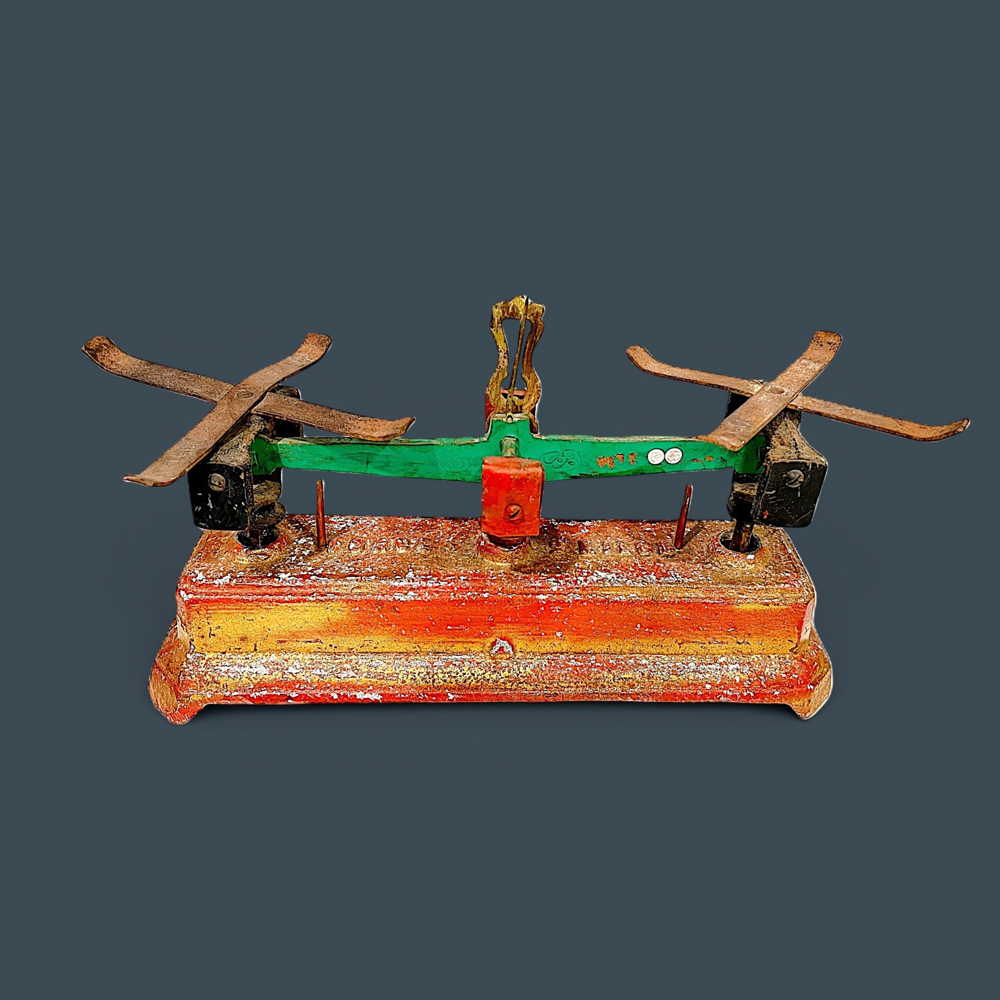 Antique French Roberval cast iron counter balance scale base featuring a distressed red and green paint patina. - Photo 8