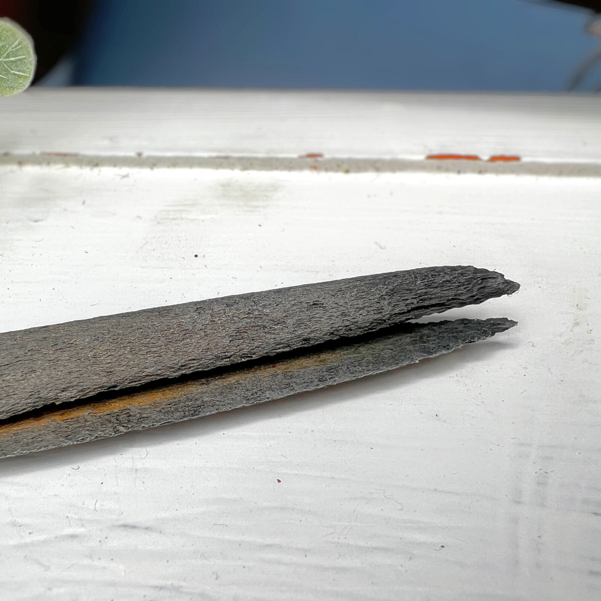 Antique hand-forged iron shears with rounded finger loops and tapered blades resting on a white surface beside a wooden textile bobbin. - Photo 3