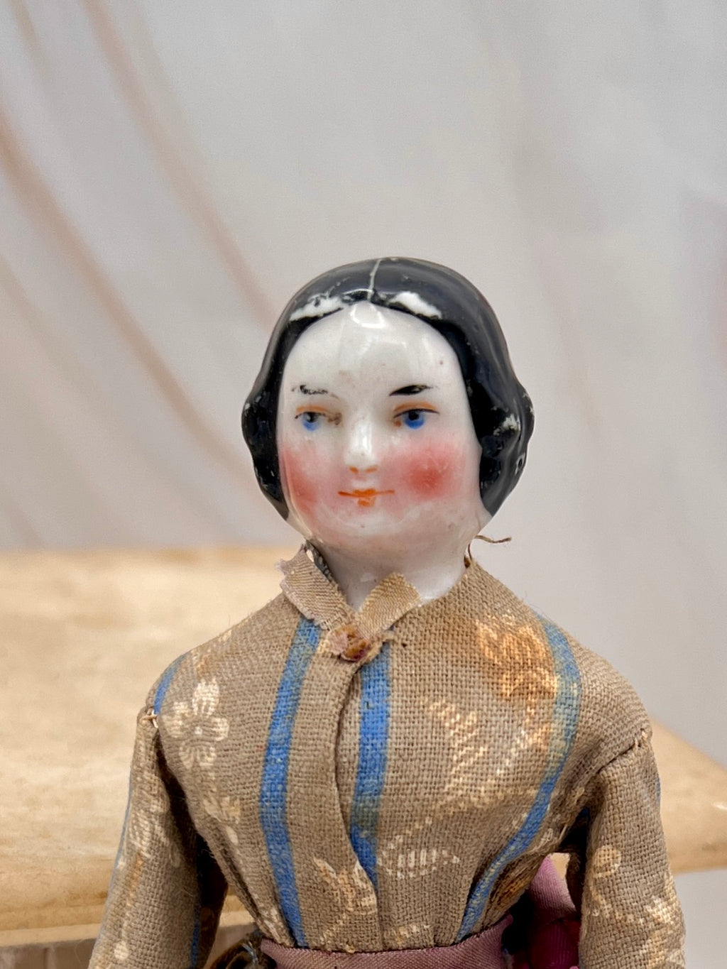 Antique Handmade Victorian Doll with Floral Dress - Vintage Collectible
