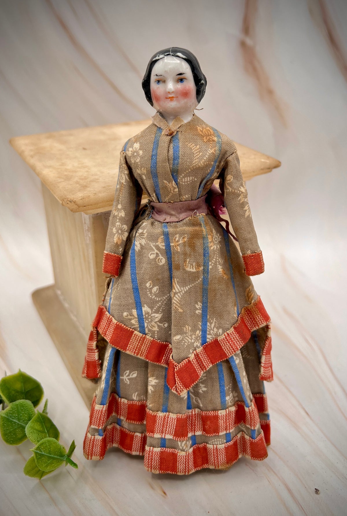 Antique Handmade Victorian Doll with Floral Dress - Vintage Collectible
