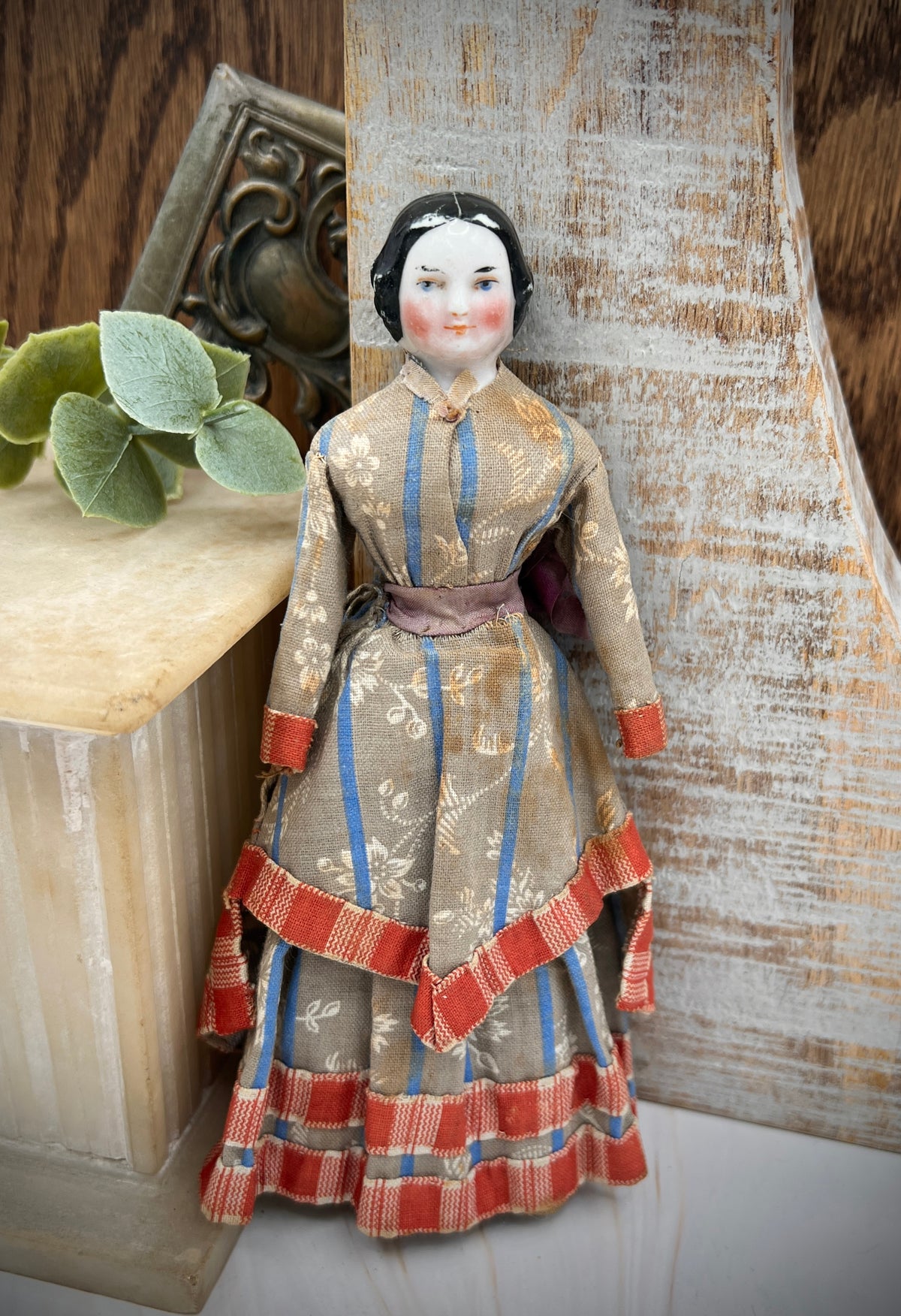 Antique Handmade Victorian Doll with Floral Dress - Vintage Collectible