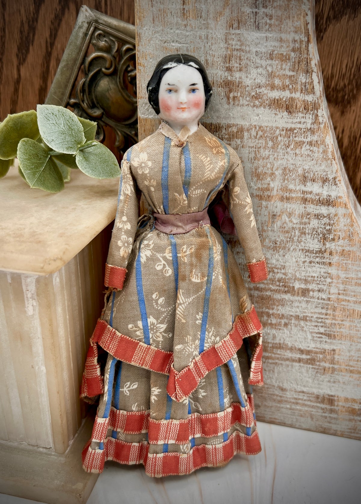 Antique Handmade Victorian Doll with Floral Dress - Vintage Collectible