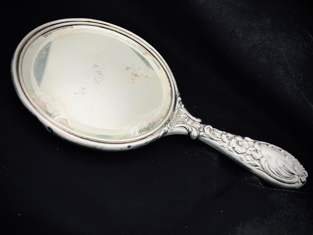 Antique Sterling Silver Handheld Mirror with Ornate Floral Design